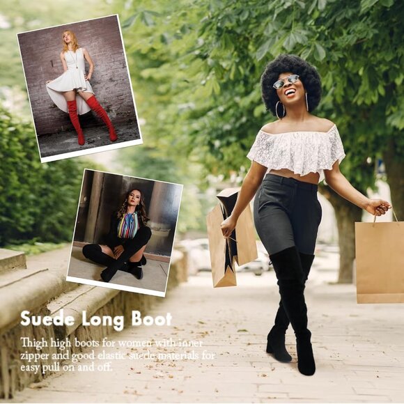 Women's Red Suede Inner Zipper Thigh High Over The Knee High Square Heel Boots - Picture 3 of 8